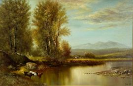 D. OLSON (20th century) oil on canvas - extensive landscape with cattle watering, signed lower