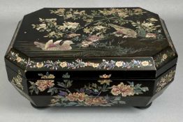 19TH CENTURY CHINESE BLACK LACQUERED TRINKET BOX, mother of pearl inlay of a mandarin duck,