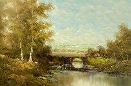 UNKNOWN 20TH CENTURY oil on canvas - river bridge with cottage to side, indistinctly signed lower