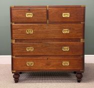 19TH CENTURY TEAK CAMPAIGN CHEST, gilded brass recessed handles and mounts, one short secretaire