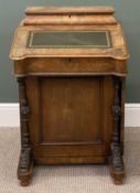 VICTORIAN WALNUT DAVENPORT, hinged sloping top with inset writing surface, cupboard to side