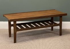 MID-CENTURY TEAK LONG JOHN COFFEE TABLE, with slatted undertier shelf, 45 (h) x 111 (w) x 45.5cms (