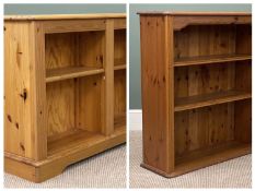 TWO PINE BOOKCASES, one having two adjustable shelves, 92 (h) x 85 (w) x 29cms (d); other with