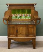 ARTS & CRAFTS OAK WASHSTAND, raised back with green tiles, four with stylised floral motifs, black