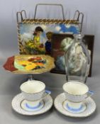 ASSORTED ITEMS, including cake stand, pair of Palissy ware art deco teacups and saucers, glass