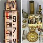 ASSORTED METALWARE, to include trench art, junior microscope, pewter, 'Ariadne' cast plaque, horse