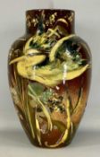 LARGE ARTS & CRAFTS EARTHENWARE VASE of baluster form, brown ground, painted with a heron, reeds,