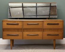 MID-CENTURY TEAK DRESSING TABLE with rectangular mirror back and six drawers, 112 (h) x 137 (w) x