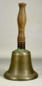 LARGE BRONZE SCHOOL BELL, with turned wooden handle, 34cms (h) Provenance: private collection Conwy