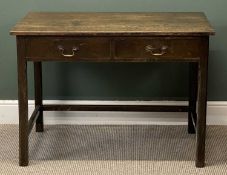 19TH CENTURY OAK LIBRARY TABLE with rectangular plank top, two frieze drawers with brass drop swan-