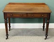 VICTORIAN TWO-DRAWER DESK, on turned supports and castors, with rail back, 78 (h) x 107 (w) x