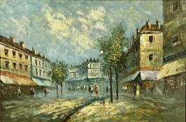 BURNETT (20th century) oil on board - continental street scene with figures, signed lower right,