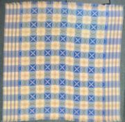 TRADITIONAL WELSH WOOLLEN BLANKET, fringed and double sided, in pink, blue, and cream geometric