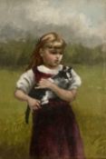 20TH CENTURY BRITISH SCHOOL oil on canvas - three-quarter length portrait of a young girl, holding a