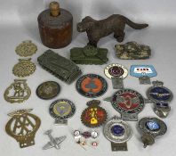 MIXED COLLECTABLES, including vintage vehicle badges, heavy dog nutcracker, horse brasses, Corgi and