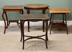 FOUR ANTIQUE SIDE TABLES, including a square-topped mahogany table with galleried lower shelf, 65 (