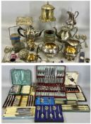 ASSORTMENT OF PLATED ITEMS, including large sauceboat, biscuit barrel, three-piece tea service,
