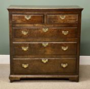 GEORGE III OAK CHEST OF DRAWERS with brass drop handles, pierced back plates and escutcheons, good