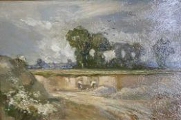 ‡ WILLIAM TODD BROWN (1875-1952) oil on panel - Quarry workers in a landscape scene, 18.5 x 27cms