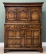 18TH CENTURY JOINED OAK DEUDDARN, upper section with three cupboards having arched fielded panel