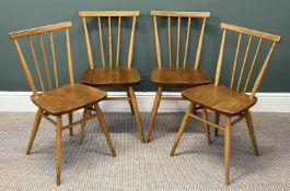 SET OF FOUR ERCOL STICK-BACK CHAIRS, with solid seats, 69 (h) x 39 (w) x 33cms (seat depth)
