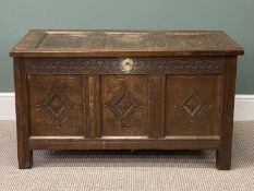 18TH CENTURY JOINED OAK COFFER, hinged triple panel lid, over carved triple panel front, 60 (h) x