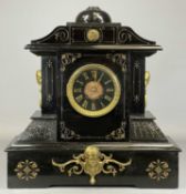 LARGE FRENCH BLACK SLATE MANTEL CLOCK, case with gilded line inlay and cast brass embellishments, 50