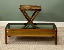 MID-CENTURY MYER TWO-TIER LOW COFFEE TABLE with smoked glass top, and a hardwood butler's tray