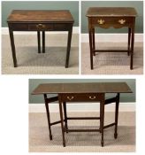 THREE ANTIQUE SINGLE DRAWER TABLES, mahogany with brass drop handles, 74 (h) x 62 (w) x 42cms (d);