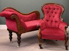 VICTORIAN MAHOGANY FRAMED CHAISE LONGUE, with shaped back and crimson button-back upholstery. 93 (h)
