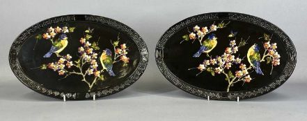 BRETBY PAIR OF OVAL PLAQUES with Grecian key borders, centred with songbirds perched on flowering