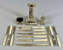 ASSORTED SILVERWARE, including candlestick with square base, octagonal column, and removable nozzle,