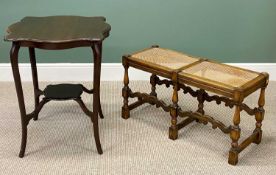 JACOBEAN STYLE OAK FRAMED TWO-SEATER STOOL, cane seats, turned supports, and shaped frontal