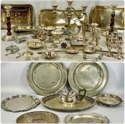 MISCELLANEOUS PLATED ITEMS, including oval serving tray, teapot, candelabra, etc., with a pair of