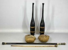 ASSORTED COLLECTABLES, including pair of WWI period leather boxing gloves, a pair of Indian clubs,