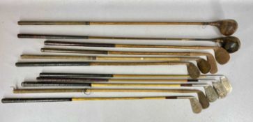 ELEVEN VINTAGE GOLF CLUBS, some having hickory shafts, Fred Lloyd, Walter Hagen, A. Whittaker, etc.,