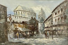 L. NEWTON (20th century) oil on canvas - street scene with figures, signed lower right, 60 x 90cms