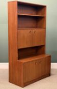MID-CENTURY TEAK WALL UNIT, open section over double cupboards, base also with double cupboards, 167