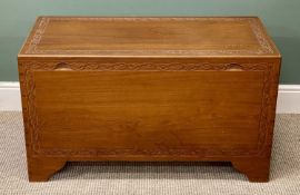 EASTERN CAMPHOR WOOD CHEST, carved with trailing leaves, hinged cover, sliding lift-out tray to