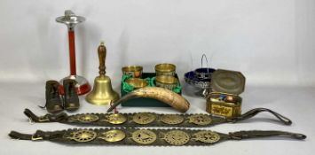 ASSORTED VINTAGE & LATER COLLECTABLES, including pair of child's leather clogs, brass school bell