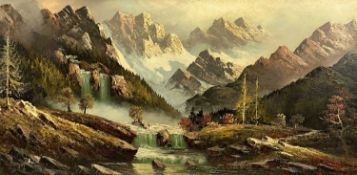 G. BERGER (20th century) oil on canvas - extensive alpine mountainscape with waterfall to centre,
