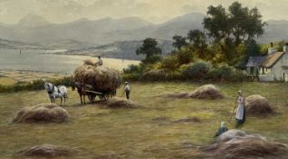 WARREN WILLIAMS (1863-1941) watercolour – Harvesting Scene, Conwy Valley, signed, 34 x 58cms