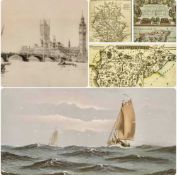 ASSORTED PICTURES & MAPS, including UNKNOWN pastel -sailing ships, indistinctly signed lower