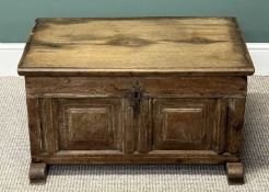 EARLY OAK SMALL COFFER, 43 (h) x 77 (w) x 43cms (d) Provenance: private collection Conwy