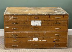 WOODEN TWO-PIECE PLAN CHEST, four drawers, 74 (h) x 131 (w) x 101cms (d) Provenance: private