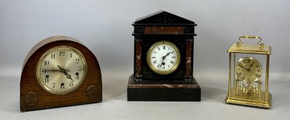 VICTORIAN BLACK SLATE & MARBLE MANTEL CLOCK, of architectural form, white enamel dial with black
