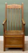 OAK OPEN ARMCHAIR having rail back and box seat with lift-up lid, 130 (h) x 56 (w) x 60cms (d)