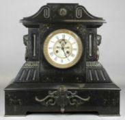 LARGE FRENCH BLACK SLATE MANTEL CLOCK, case with bronzed metal mounts, dial with visible escapement,