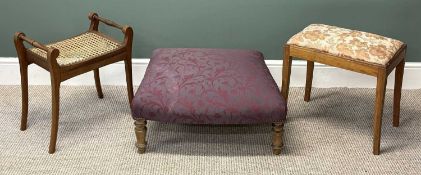 LARGE UPHOLSTERED VINTAGE FOOTSTOOL, 27 (h) x 68 (w) x 64cms (d); and two smaller examples, one with