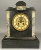 FRENCH BLACK SLATE & MARBLE MANTEL CLOCK, dial with visible escapement, 35 (h) x 28 (w) x 14cms (